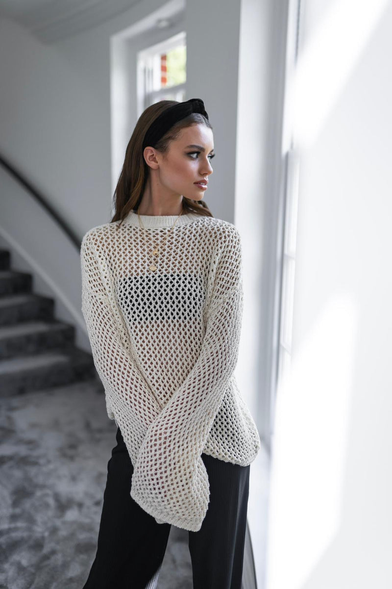'GRACE' Crochet Style Jumper with Bell Sleeve Cream - CTJ016