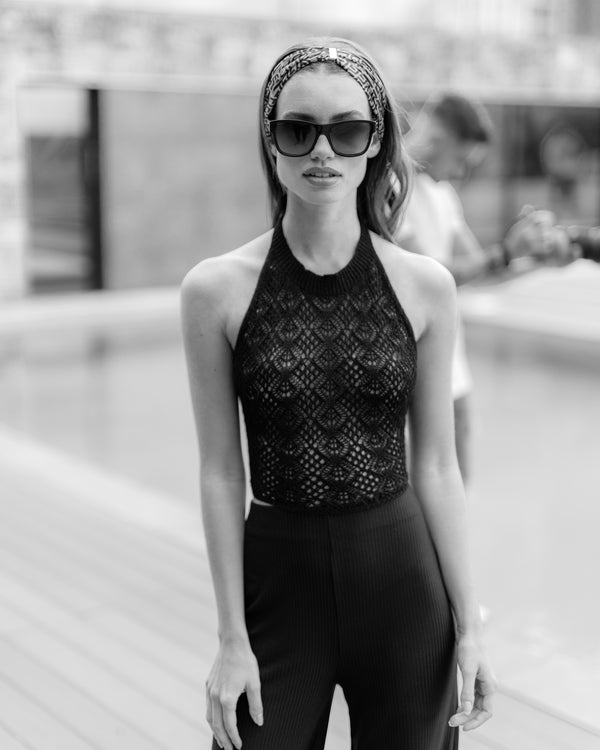 'FREYA' Black Knitted Crochet Halter Neck Tie Top - CTJ005