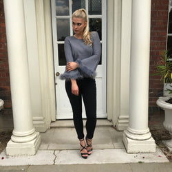 'DARCIE' Knitted Grey Jumper with Faux Fur Cuff - CT090