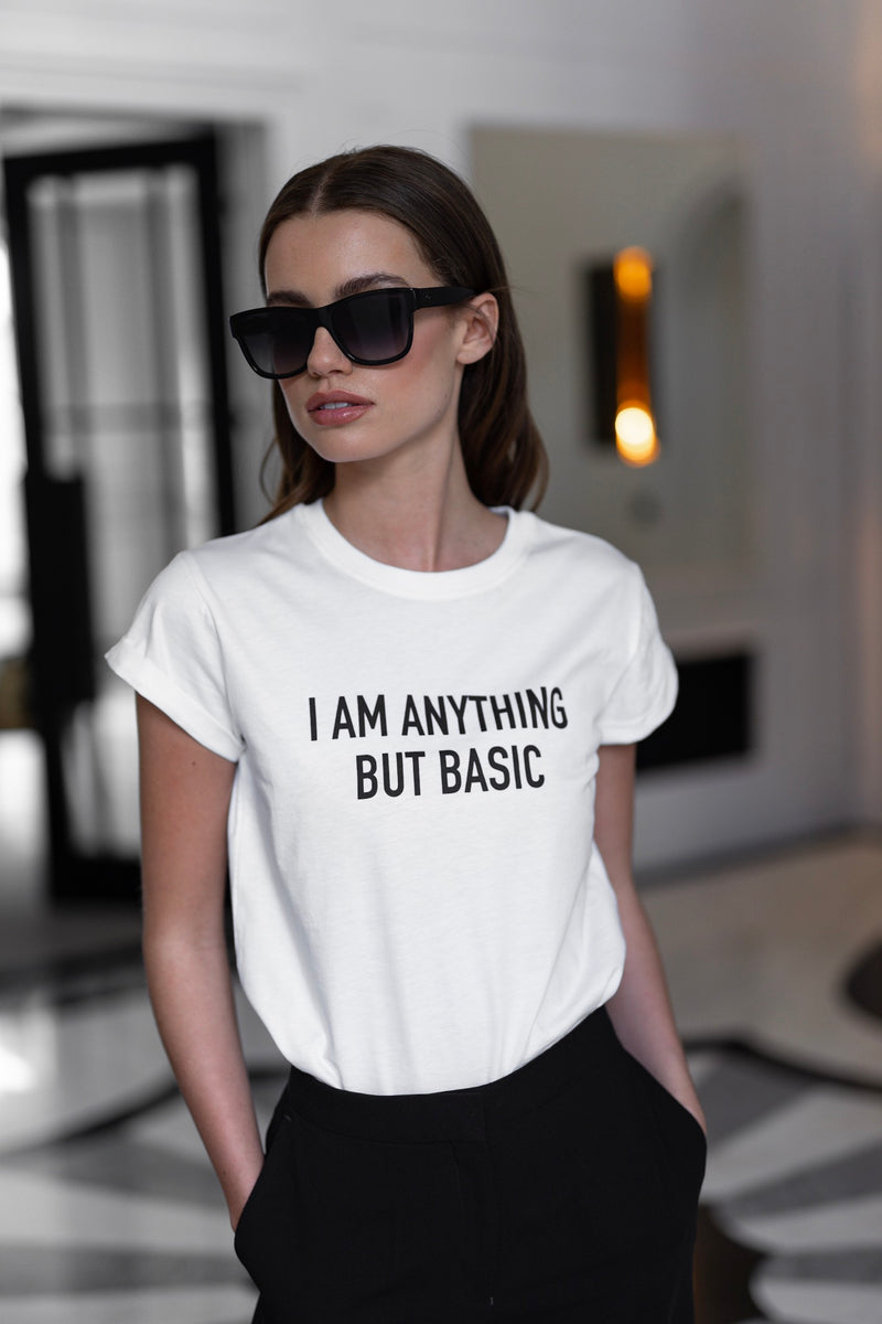 'I'M ANYTHING BUT BASIC' - CT098 WHITE SLOGAN T SHIRT
