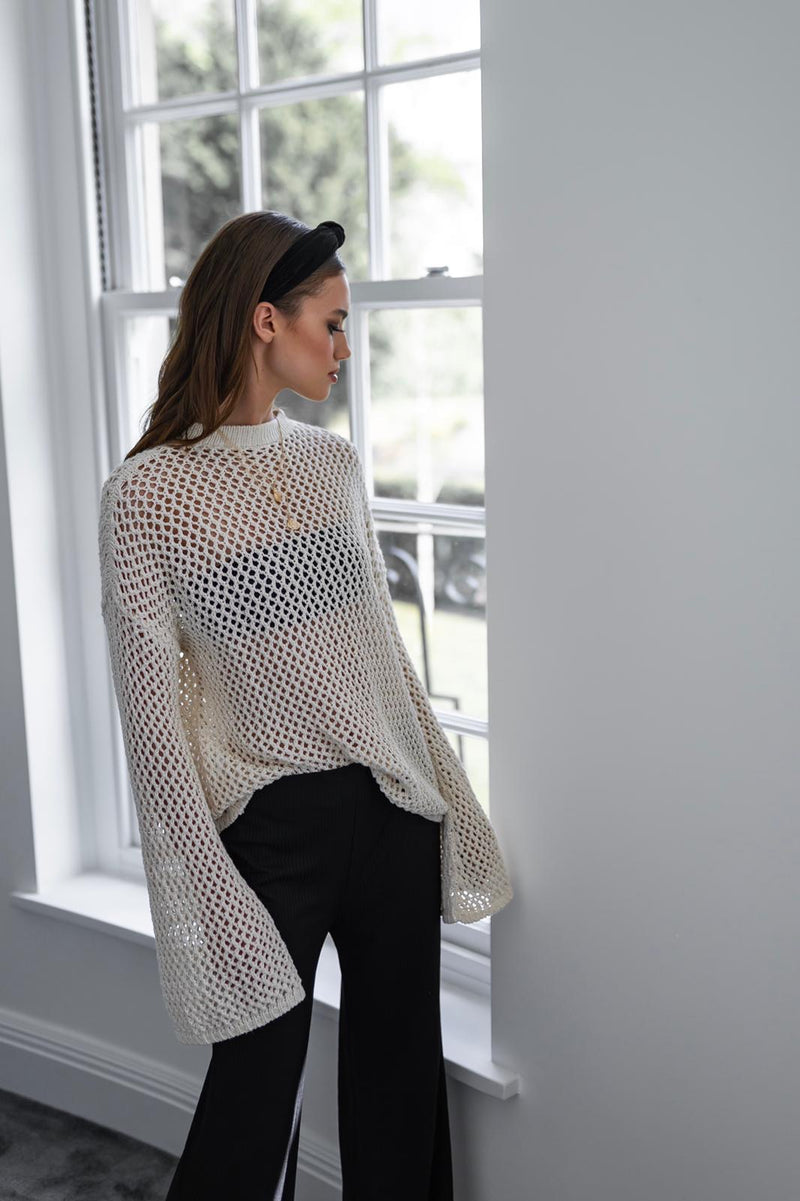 'GRACE' Crochet Style Jumper with Bell Sleeve Cream - CTJ016