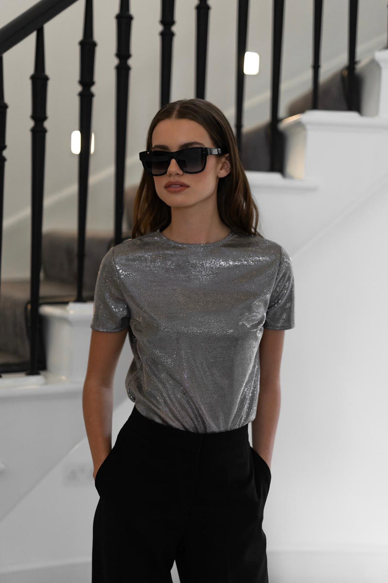 CARA SILVER METALLIC BOXY TEE - CT068